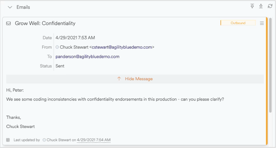 Email correspondence discussing confidentiality issues and requesting clarification on coding inconsistencies.